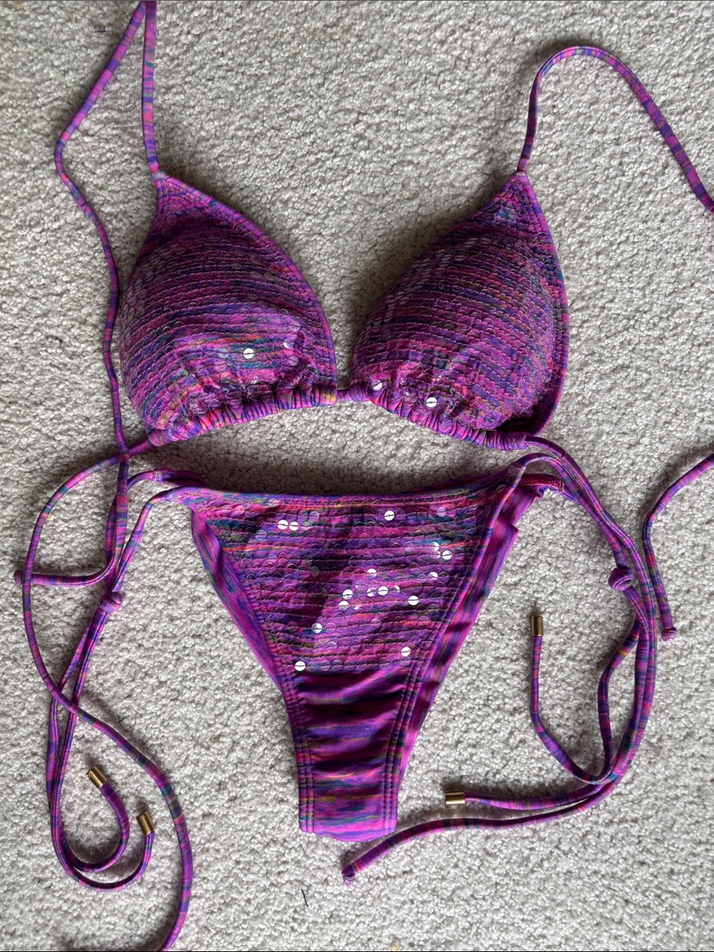 Sequin Accent Purple Triangle Bikini Set with Adjustable Ties